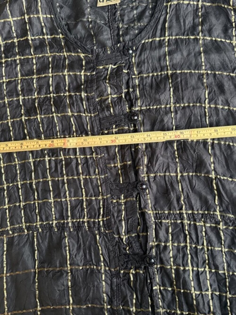 URU Black and Gold Silk Tunic Top Dress Button Front Lightweight Long Sleeves - Picture 8 of 15